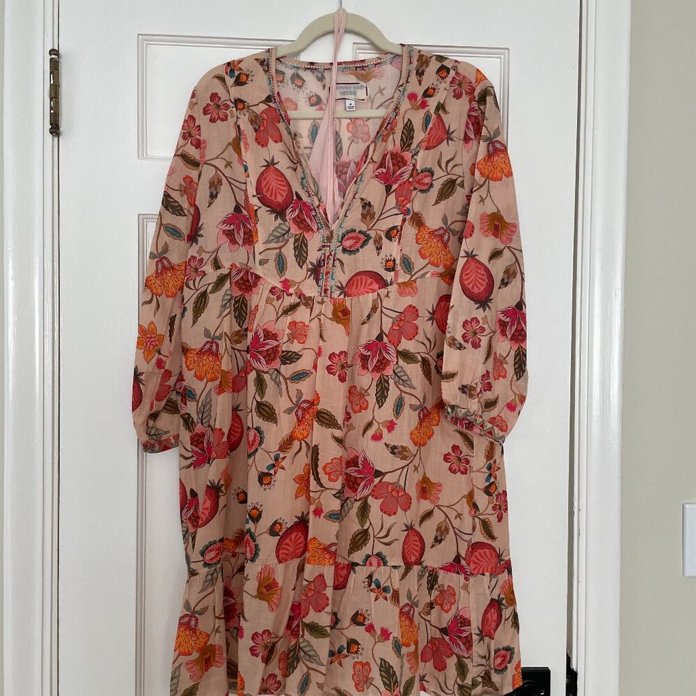 Johnny Was Workshop Floral Boho Dress Tassel Tie Neckline Long Sleeves Size XS